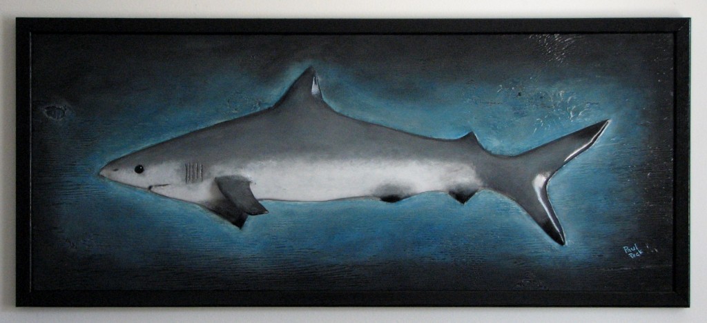 Completed drywall art shark sculpture