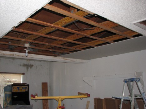 Water damaged drywall ceiling removed
